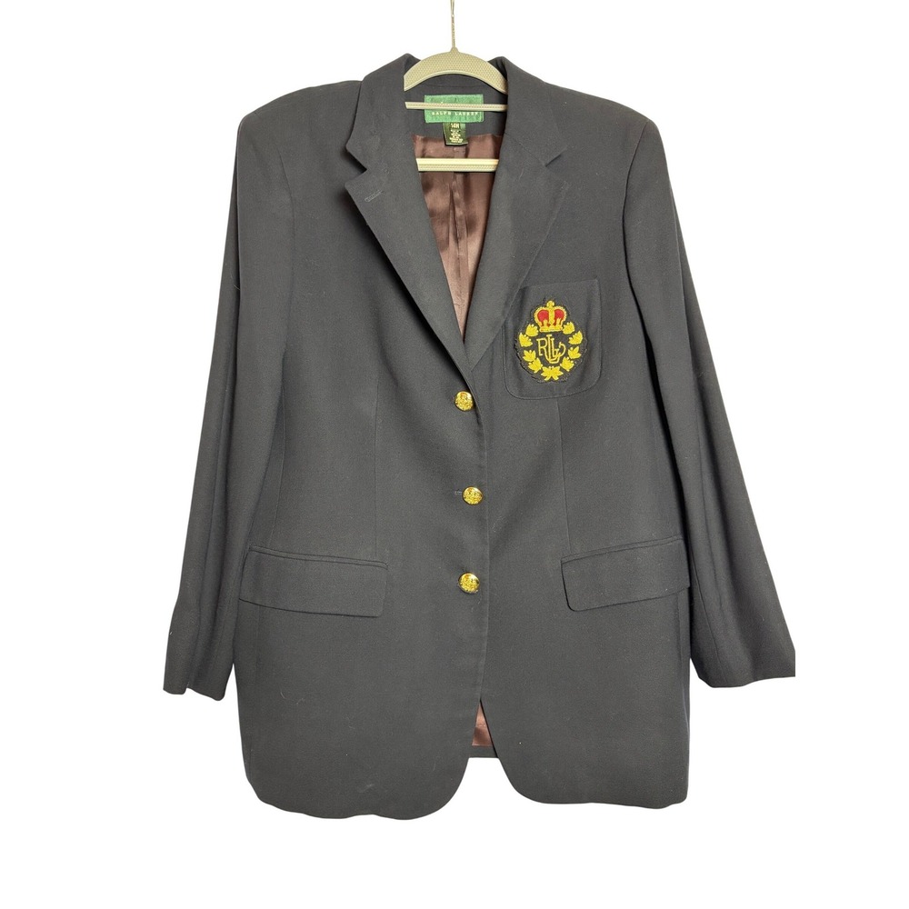 VTG Lauren Ralph Lauren Navy Wool Crested Blazer Gold Buttons Plus 14W 3D Crown - Picture 1 of 9